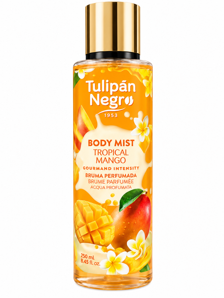 Body Mist Tulip&aacute;n Negro Tropical Mango, Spray Parfumat pentru Corp, 250 ml, Aur, Portocaliu, Tropical Mango