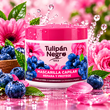 Mască de Păr Tulip&aacute;n Negro cu Afine și Arginină, Repară și Protejează, 400 ml, Roz, Afine și Arginină