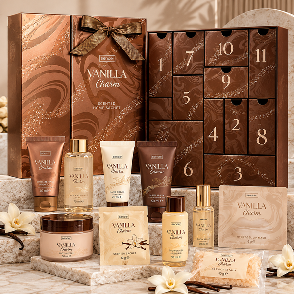 Set Cadou Sence Vanilla Charm &ndash; 11 Produse pentru Corp, Păr și Relaxare, Roz auriu, Vanilla Charm