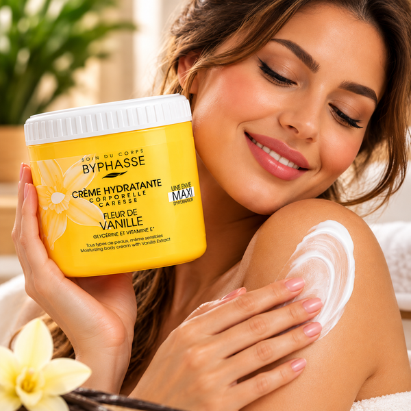 Cremă Hidratantă de Corp Byphasse Caresse cu Extract de Vanilie, Galben, Floare de vanilie