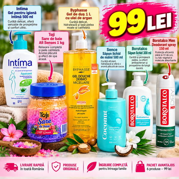 Pachet &Icirc;ngrijire și Igienă 6 Produse &ndash; Intima, Byphasse, Borotalco, Sence &ndash; 99 Lei