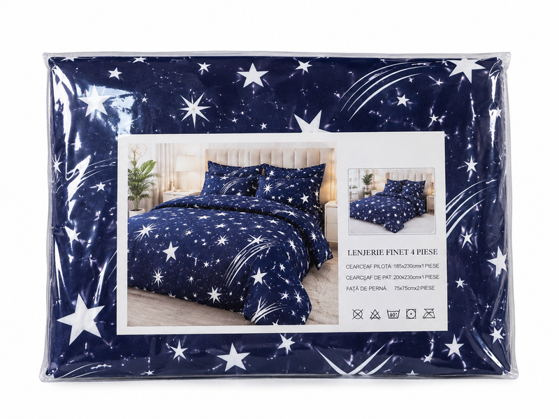 Lenjerie Pat Finet Casa de Vis, 4 Piese, 185&times;230 cm, Bleumarin cu Stele, Albastru, Albastru, Bleumarin cu stele albe