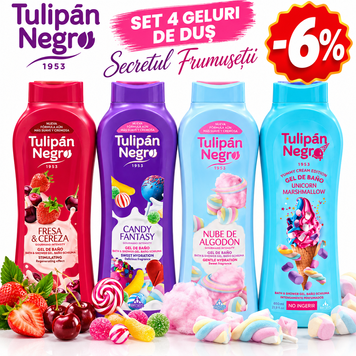 Set 4 Geluri de Duș Tulip&aacute;n Negro, 4&times;650 ml &ndash; Arome Dulci, Multicolor, Roșu, mov, roz și albastru