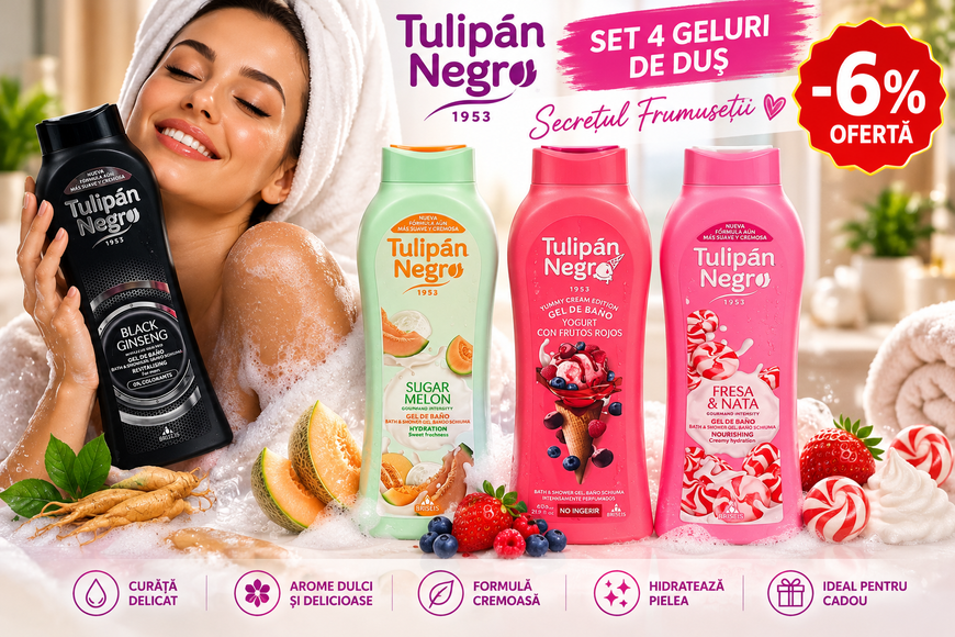 Set 4 Geluri de Duș Tulip&aacute;n Negro, 650 ml &ndash; Ofertă -6%, Multicolor, Negru, verde, roșu și roz