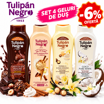 Set 4 Geluri de Duș Tulip&aacute;n Negro, 4&times;650 ml &ndash; Arome Dulci, Ofertă -6%, Multicolor, Maro, bej, galben și alb