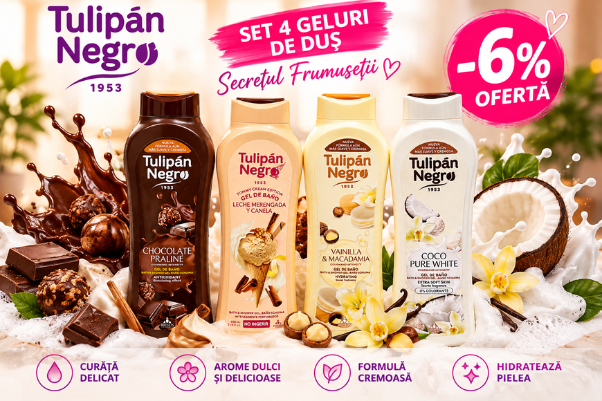 Set 4 Geluri de Duș Tulip&aacute;n Negro, 4&times;650 ml &ndash; Arome Dulci, Ofertă -6%, Multicolor, Maro, bej, galben și alb