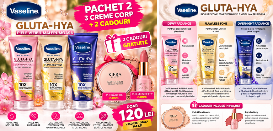 Pachet Vaseline Gluta-Hya 3 x 200 ml + 2 Cadouri