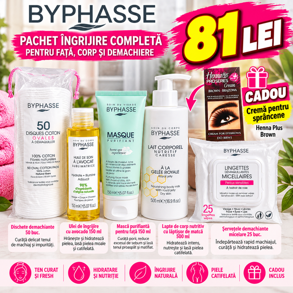 Pachet Byphasse &Icirc;ngrijire Completă 5 Produse + Cremă Spr&acirc;ncene CADOU