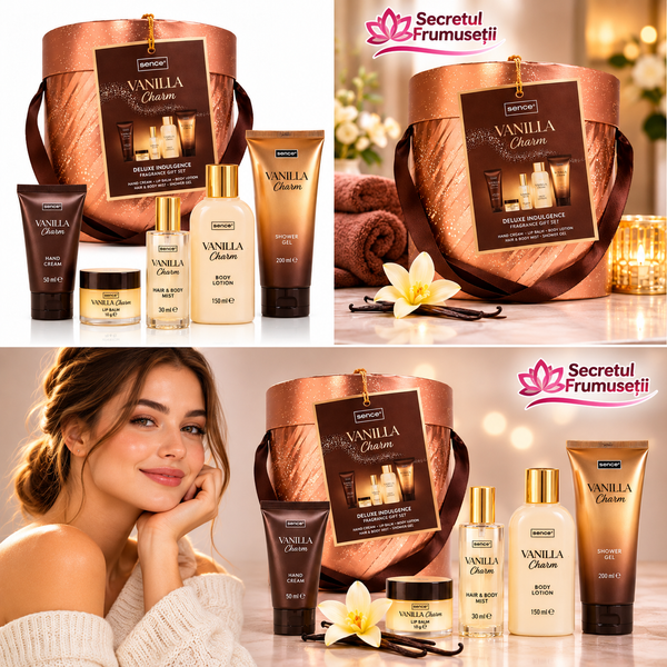 Set Cadou Sence Vanilla Charm Deluxe Indulgence &ndash; 5 Produse, Auriu-roze, Vanilla Charm
