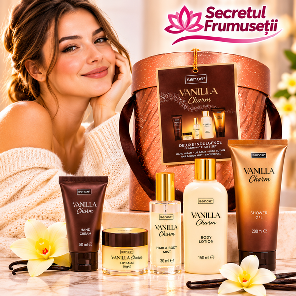 Set Cadou Sence Vanilla Charm Deluxe Indulgence &ndash; 5 Produse, Auriu-roze, Vanilla Charm